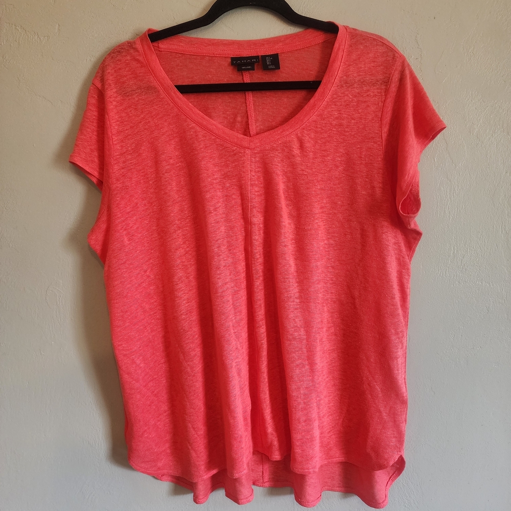 Tahari Coral 100% Linen V-Neck Top - Picture 2 of 5